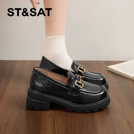 星期六厚底乐福鞋女年新款春季黑色金属扣一脚蹬英伦风小皮鞋商品大图