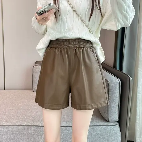 咖色pu皮短裤女2023秋冬新款高腰显瘦宽松百搭小个子阔腿外穿靴裤图片