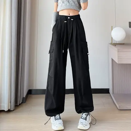 美式黑色工装裤女秋冬季宽松显瘦加厚阔腿抽绳束脚大码休闲运动裤商品大图