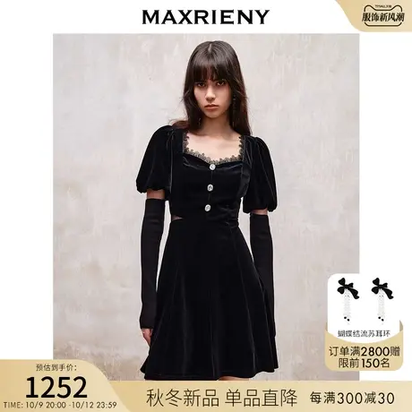 MAXRIENY法式宫廷复古风丝绒连衣裙2023冬季新款钻饰羊腿袖裙子图片