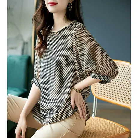 宝诗黎圆领蝙蝠袖雪纺衫女新款2023夏季时尚格子印花上衣小衫薄款图片