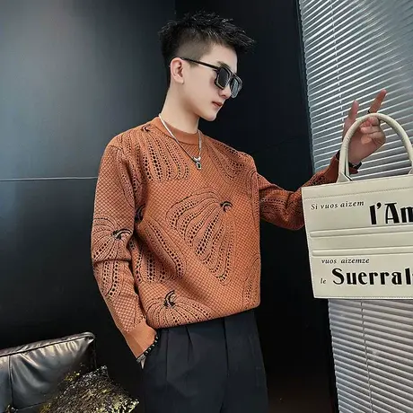 秋冬毛衣男ins潮网红爆款南瓜提花设计感宽松休闲针织衫上衣体恤商品大图