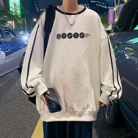 提花圆领卫衣男秋冬季套头ins打底衫美式复古高街潮牌宽松上衣服商品大图