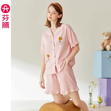 芬腾睡衣女棉质夏季薄款透气短袖翻领开衫韩版少女休闲家居服套装图片