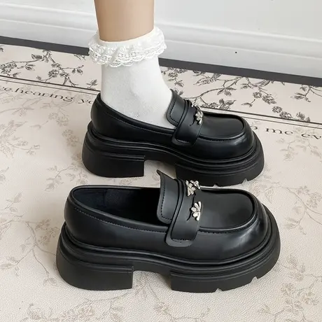 复古英伦风厚底增高浅口小皮鞋女2023年秋季新款百搭时尚乐福单鞋商品大图
