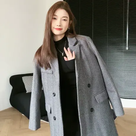 尔给中长款西装领毛呢外套女2023新款秋冬高级感超好看韩系大衣图片