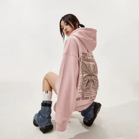 YEP复古潮牌连帽加绒卫衣女秋冬2023新款韩版印花宽松情侣装外套商品大图