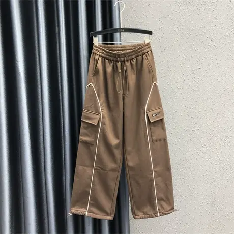 2023秋冬新款咖啡色抽绳松紧腰加绒加厚高腰小众百搭阔腿直筒裤女商品大图