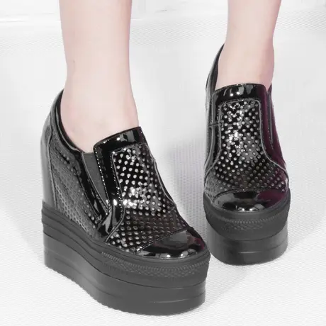 断码鞋内增高乐福鞋13CM真皮镂空透气休闲圆头厚底坡跟松糕单鞋女商品大图