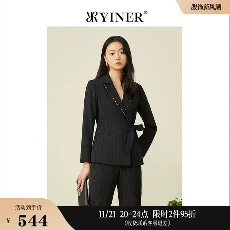 YINER音儿女装春季百搭通勤系带竖条纹西装短外套图片