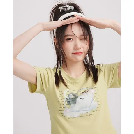 尔给修身印花小个子短袖潮牌T恤女夏季2023新款短款港味chic上衣图片