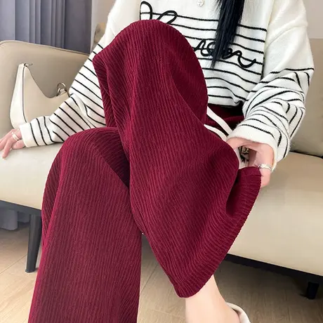 酒红色雪尼尔阔腿裤女冬季加厚灯芯绒高腰垂感休闲窄版直筒拖地裤商品大图