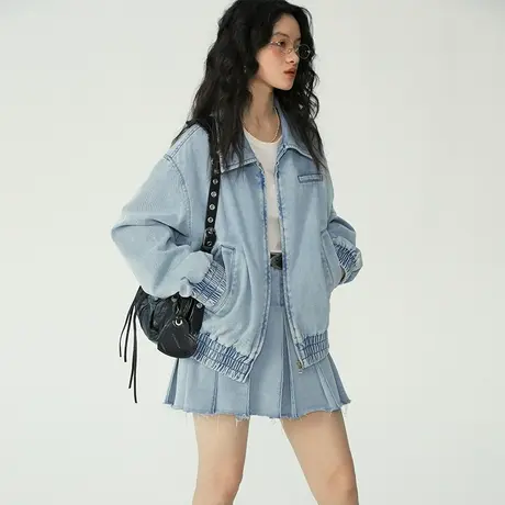 omont蛋挞家 浅色复古牛仔外套女春季新款小个子新款宽松夹克套装商品大图