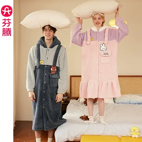 芬腾布朗熊情侣睡袍秋冬抗静电珊瑚绒连帽睡衣男女加绒加厚家居服图片