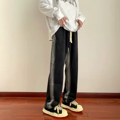 牛仔裤男秋冬季渐变水洗复古宽松直筒裤子2024系带抽绳阔腿休闲裤商品大图