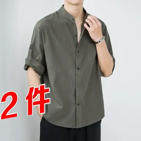潮牌亚麻衬衫男短袖夏季港风日系纯色宽松简约修身潮流五分袖衬衣商品大图
