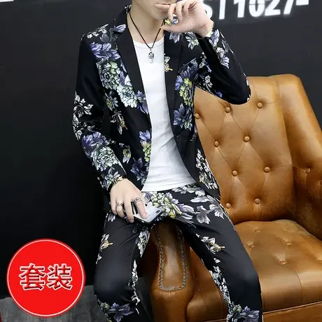 西服套装男士韩版个性夜店DJ演出服一套装理发型师潮流帅气花西装图片