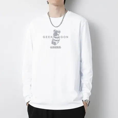 重磅纯棉白色t恤男士长袖2023新款小熊宽松上衣服全棉内搭打底衫商品大图