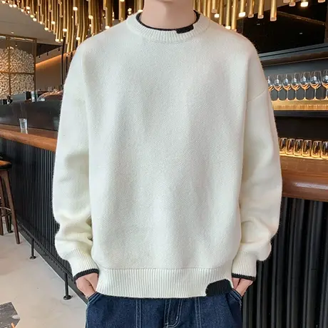 圆领毛衣男潮流百搭长袖上衣2023秋冬新款青少年假两件宽松针织衫商品大图