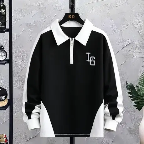 半拉链Polo衫卫衣男韩系春秋翻领上衣男装潮牌刺绣设计感撞色外套图片