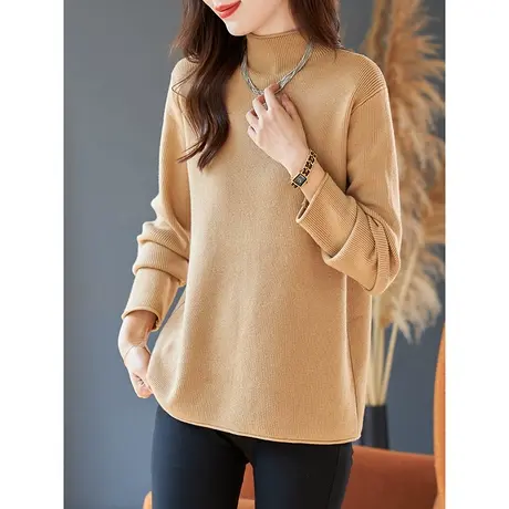 宝诗黎半高领纯色修身长袖慵懒毛衣女秋季内搭打底针织衫2025新款商品大图