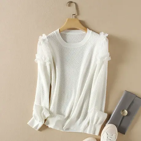 美丽诺羊毛春装女2024新款毛衣女宽松蕾丝套头上衣爆款针织打底衫图片