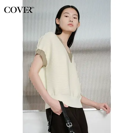 COVER夏季横纹坑条撞色V领针织衫商品大图
