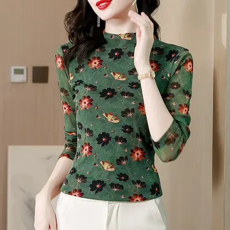 加绒网纱打底衫女秋冬时尚妈妈装年轻减龄印花T恤长袖半高领上衣商品大图