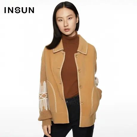 恩裳奥莱冬季撞色条纹针织长袖宽松毛呢外套商品大图