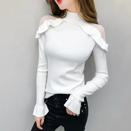 荷叶边毛衣女套头2024春秋新款网纱拼接针织衫洋气修身百搭打底衫图片