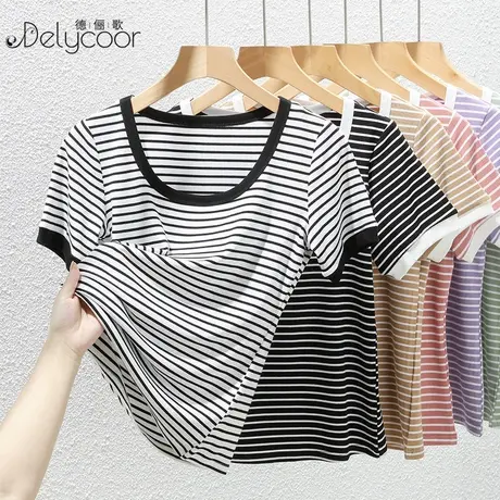 黑白条纹短袖T恤女夏装2023新款白色圆领正肩气质上衣设计感小众商品大图