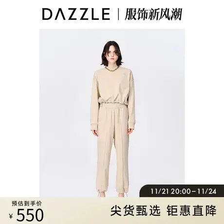 DAZZLE地素奥莱秋通勤卡其简约套头刺绣短款抽绳加绒卫衣上衣女图片