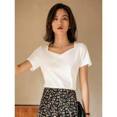 弥古冰丝短袖正肩丝光棉纯白t恤女夏白色法式方领黑色大领口上衣商品大图