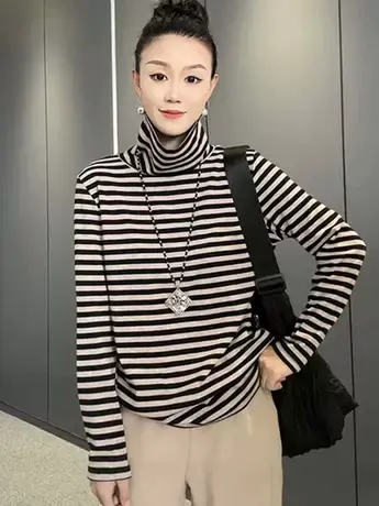 2023年秋冬季新款条纹高领打底衫女百搭修身显瘦堆堆领内搭上衣潮商品大图