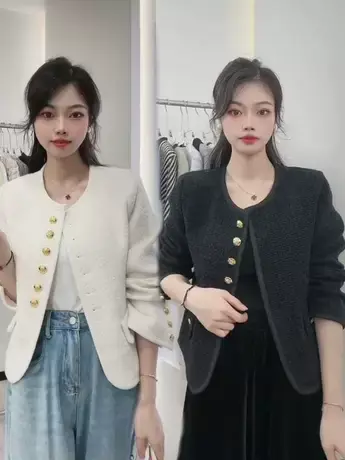 秋季气质小香风外套女短款高奢金扣法式高级感小个子气质圆领上衣图片