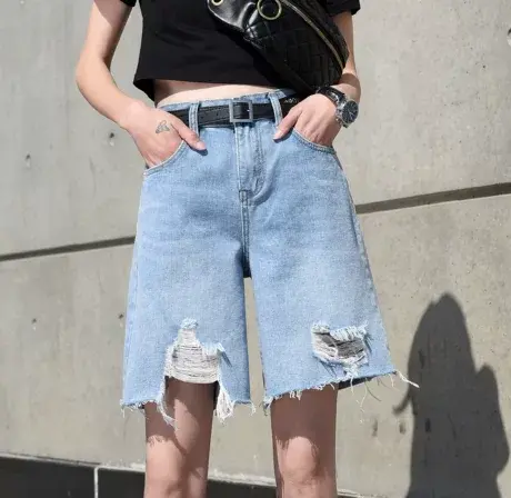 破洞牛仔短裤女夏薄款高腰宽松显瘦中裤欧货百搭直筒五分裤ins潮商品大图