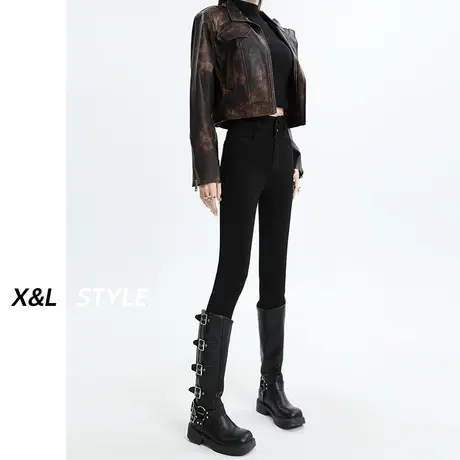 黑色高腰加绒加厚牛仔裤女秋冬2023新款修身显瘦紧身铅笔小脚裤子商品大图