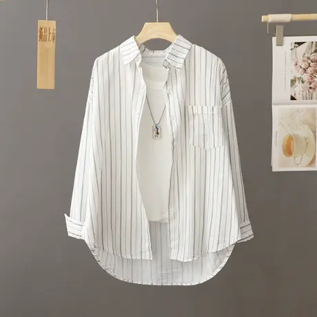白色竖条纹衬衫女宽松中长款春秋外搭衬衣外套前短后长上衣开衫潮图片