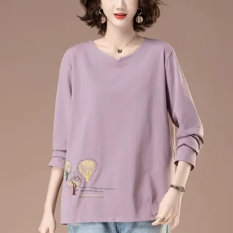 长袖T恤女春秋季加肥加大码女装宽松中年妈妈纯棉刺绣显瘦打底衫图片