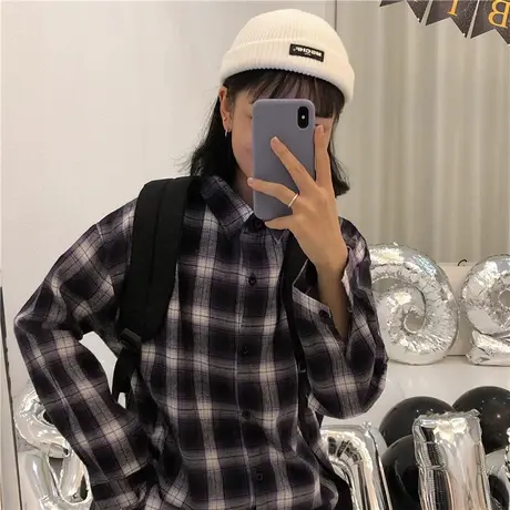 2019秋冬新款cec超火上衣ins学院复古格子宽松百搭长袖衬衫女外套商品大图