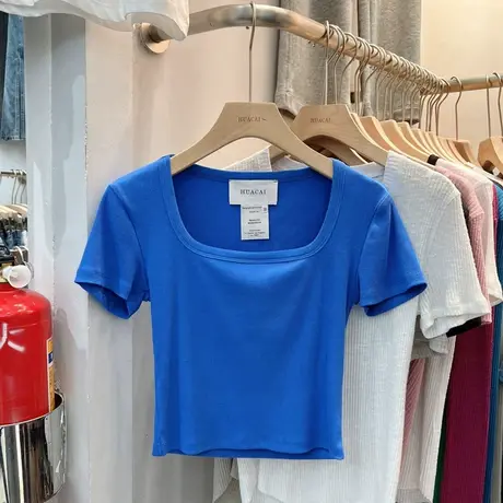 方领短袖T恤女2022夏季新款纯色修身显瘦短款百搭高腰上衣商品大图