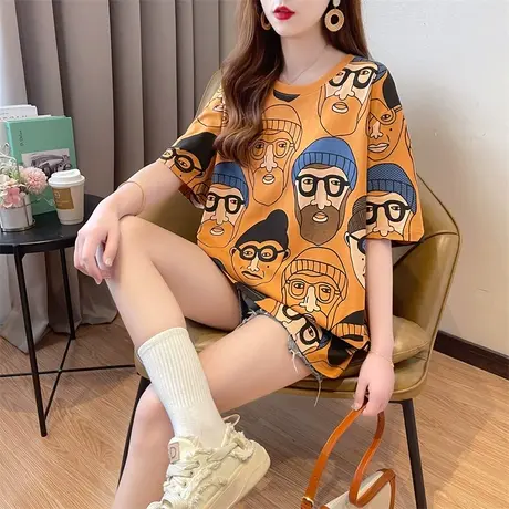 潮牌2022年新款设计感小众卡通t恤女短袖中长款大码宽松夏季上衣商品大图