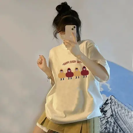 很润工作室 国潮小众卡其色短袖男女ins百搭落肩T恤情侣圆领上衣商品大图