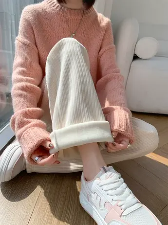 米白色灯芯绒阔腿裤女春秋高腰垂感宽直筒宽松加绒雪尼尔裤子冬季图片