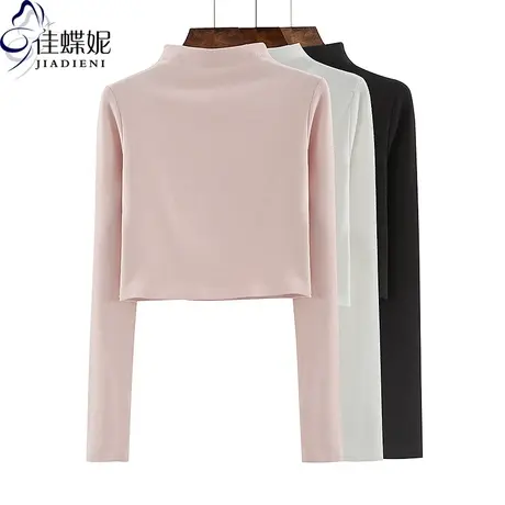 秋冬新款半高领修身短款性感纯棉纯欲纯色长袖体恤上衣女打底衫商品大图