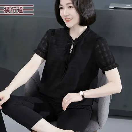 木耳边蝴蝶结领子雪纺衫宽松短袖上衣2025新款夏季纯色女上衣T恤图片