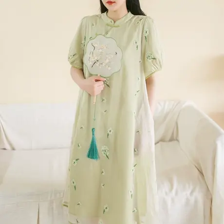 【买一送一】绣花气质撞色轻中式旗袍连衣裙大码夏新款复古长裙图片