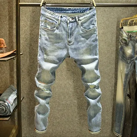 复古水洗牛仔裤男潮流百搭修身小脚裤男士潮牌破洞怀旧弹力裤子男商品大图