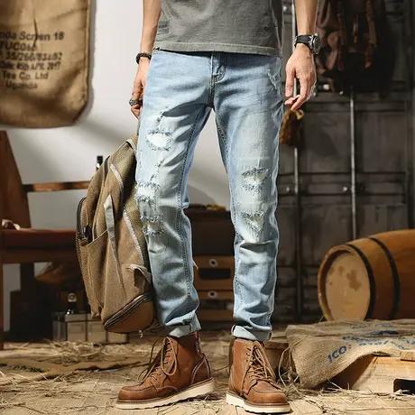 香港高端牛仔裤男士潮牌夏季薄款破洞刺绣修身小脚浅色百搭长裤子商品大图