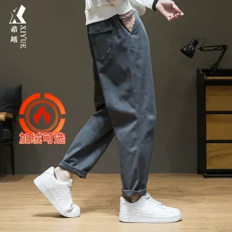 希越男士直筒休闲裤美式潮牌工装裤子宽松大码秋冬款加绒灰色长裤商品大图